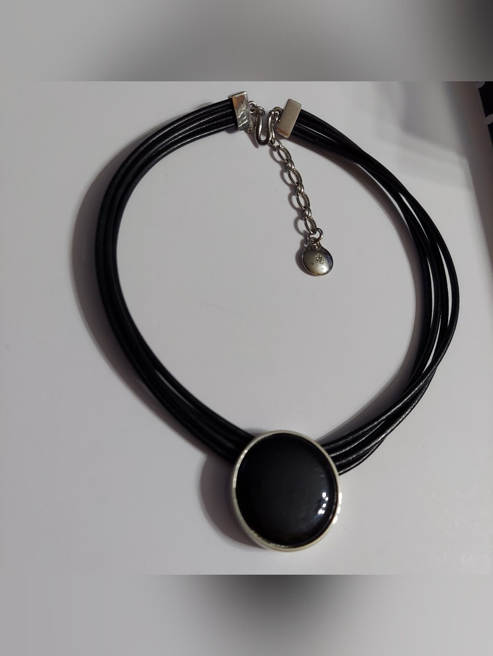 Ralph Lauren Black Leather Corded Pendant Circle Statement Necklace